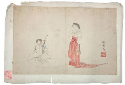 JAPON - Epoque EDO (1603 - 1868), XIXe siècle 
Set of fourteen polychrome ink drawings...
