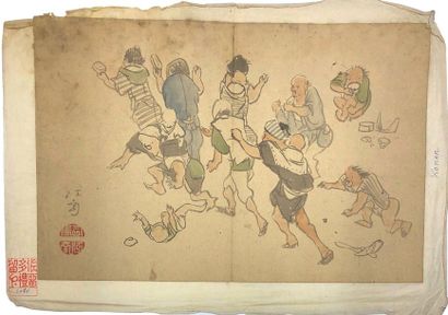 JAPON - Epoque EDO (1603 - 1868), XIXe siècle 
Set of fourteen polychrome ink drawings...