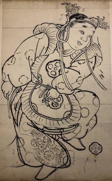 JAPON - Epoque EDO (1603 - 1868), 
Ensemble de cinq encres sur papier, représentant...