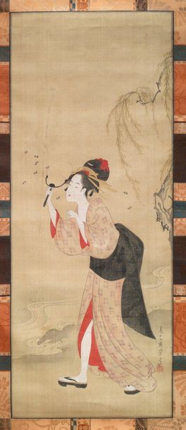 JAPON - Epoque EDO (1603 - 1868) 
Ink on silk, young woman hunting fireflies. (Folds)...