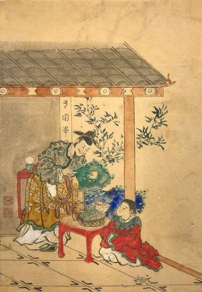 JAPON - Epoque EDO (1603 - 1868), 
Ensemble de huit petits dessins sur papier, représentant...