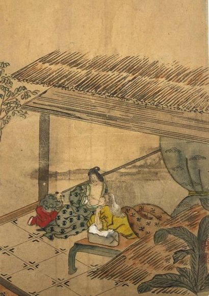 JAPON - Epoque EDO (1603 - 1868), 
Ensemble de huit petits dessins sur papier, représentant...