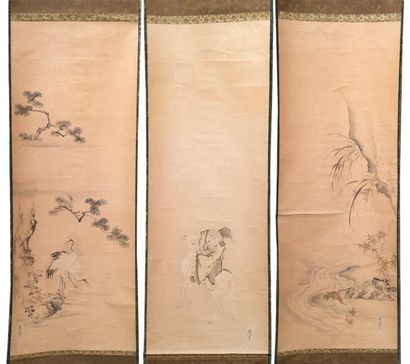 JAPON - XIXE SIÈCLE 
Trois encres et couleurs sur papier sur le thème de la longévité,...