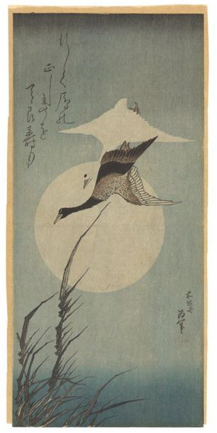Katsushika Hokusai (1760-1849) 
O-tanzaku, two geese flying over the reeds at full...