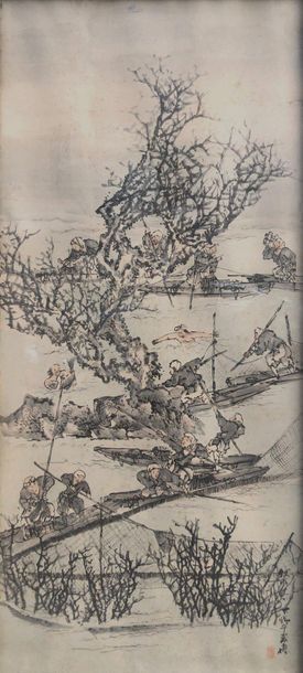 JAPON - Fin Époque EDO (1603 - 1868) 
Ink on paper, characters in a boat. Signed.
Size...