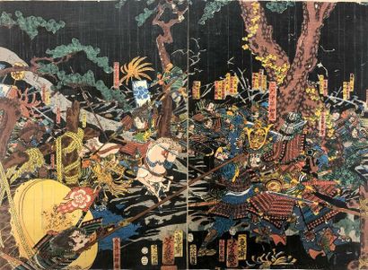 Utagawa Yoshimori (1830-1884) et Utagawa Yoshifuji (1858 - 1889) 
Three oban tate-e...