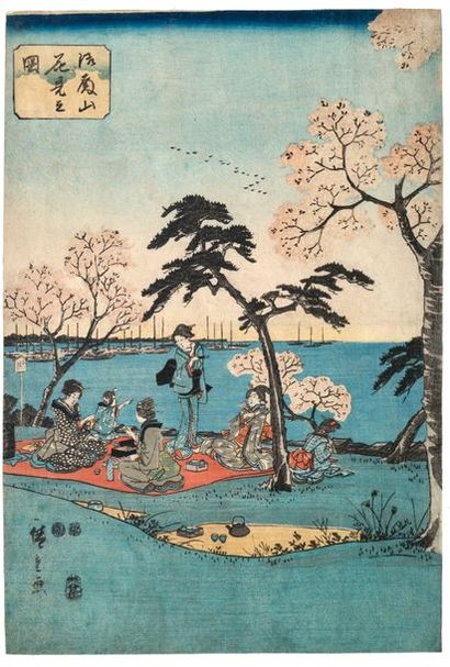 Utagawa Hiroshige (1797-1858) 
Triptyque oban tate-e, Edo meisho shiki no uta, Vues...