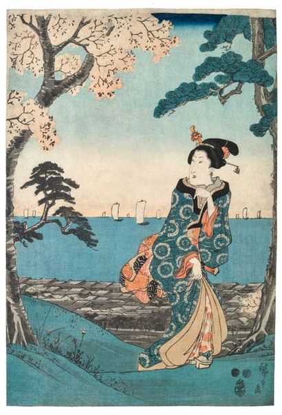 Utagawa Hiroshige (1797-1858) 
Triptyque oban tate-e, Edo meisho shiki no uta, Vues...