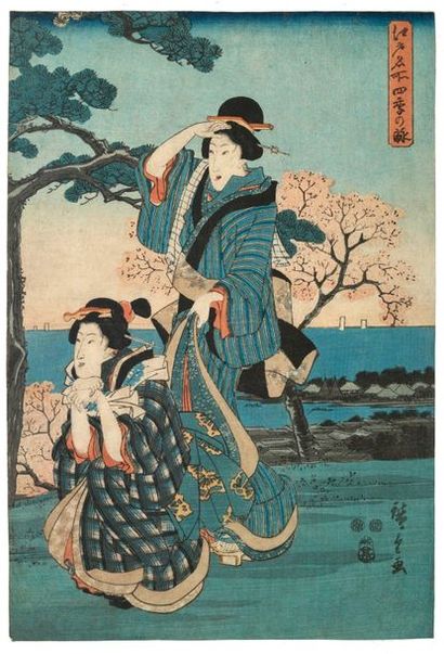 Utagawa Hiroshige (1797-1858) 
Triptyque oban tate-e, Edo meisho shiki no uta, Vues...