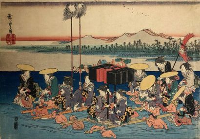 Utagawa Hiroshige (1797-1858) 
Triptyque oban yoko-e, Onna gyôretsu Oigawa no zu,...