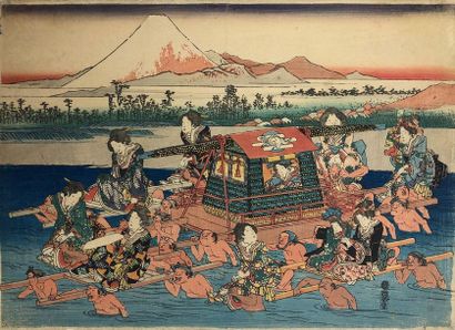 Utagawa Hiroshige (1797-1858) 
Triptyque oban yoko-e, Onna gyôretsu Oigawa no zu,...