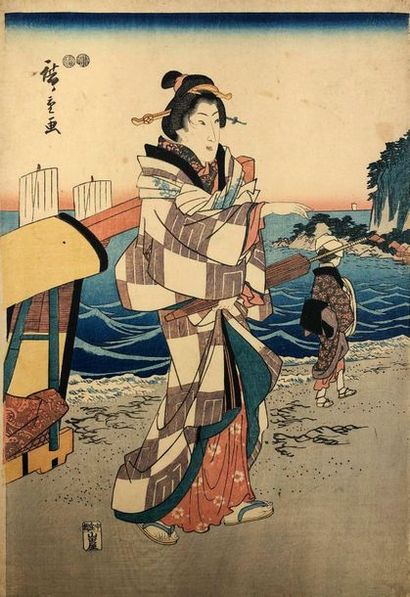 Utagawa Hiroshige (1797-1858) 
Triptych oban tate-e, Enoshima Benzaiten kaicho nagisa,...