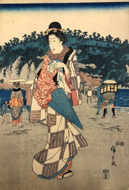 Utagawa Hiroshige (1797-1858) 
Triptych oban tate-e, Enoshima Benzaiten kaicho nagisa,...