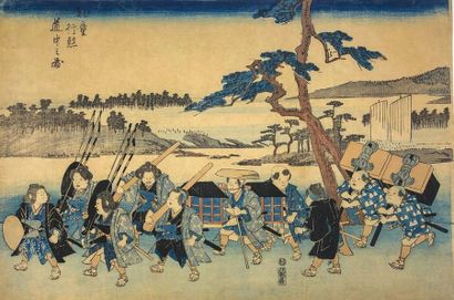Utagawa Hiroshige (1797-1858) 
Triptych oban yoko-e, Yôdô gyôretsu dôchû no zu, Procession...
