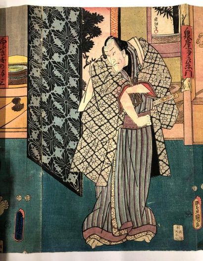 null Set of 20 oban tate-e by Kunisada and Kuniyoshi, mounted in rolls, some of them...