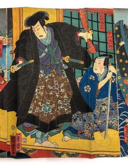 null Set of 20 oban tate-e by Kunisada and Kuniyoshi, mounted in rolls, some of them...