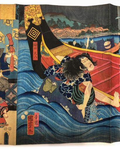 null Ensemble de 20 oban tate-e par Kunisada et Kuniyoshi, montées en rouleau, dont...