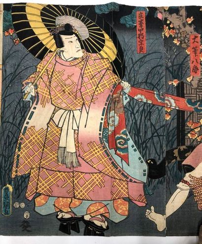 null Ensemble de 20 oban tate-e par Kunisada et Kuniyoshi, montées en rouleau, dont...