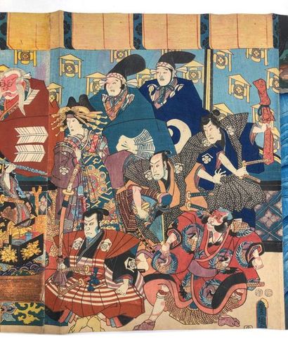 null Set of 20 oban tate-e by Kunisada and Kuniyoshi, mounted in rolls, some of them...