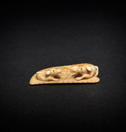 JAPON - Epoque MEIJI (1868 - 1912) 
*Netsuke in ivory, two dogs facing each other...