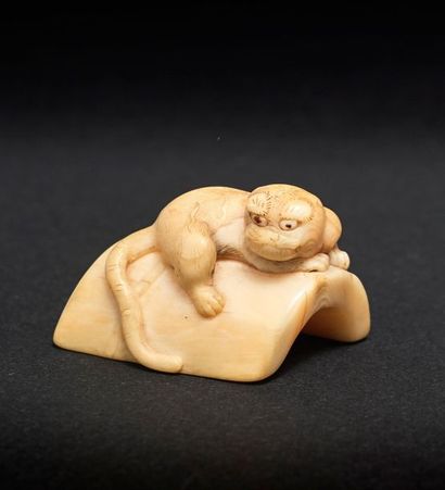 JAPON - XIXE SIÈCLE 
*Netsuke en ivoire, tigre perché sur une grande section de bambou,...