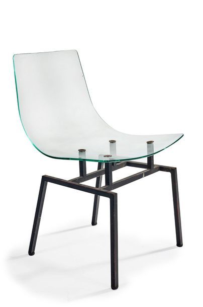 TRAVAIL 1960 
Suite four chairs in tempered glass from Saint Gobain and black lacquered...