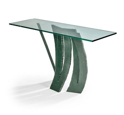 TRAVAIL MODERNE Console with rectangular glass top resting on a bronze base with...