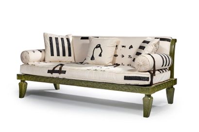 TRAVAIL MODERNE Bronze sofa with an antique green patina with wavelet belt decoration...