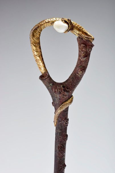 ANDRE BUCHER (XIX-XXème) 
Pommeau d'ombrelle en bois sculpté à décor d'un serpent...