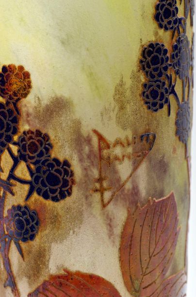 DAUM Nancy Cylindrical glass vase lined with acid-etched blackberry and foliage decoration...