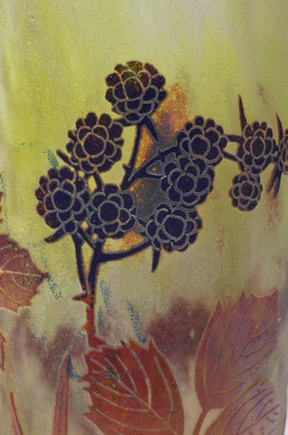 DAUM Nancy Cylindrical glass vase lined with acid-etched blackberry and foliage decoration...