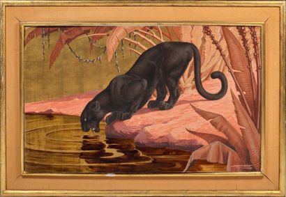 Jacques CARTIER (1907-2001) Black panther drinking
Oil on isorel panel
Signed lower...