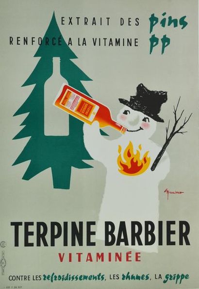 NICOLITCH GEORGES Terpine Barber Vitamin for colds, colds, flu. Circa 1960. Lithographic...