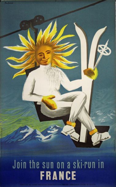 DUBOIS Jacques Join the sun on a ski run in France. Circa 1960. Lithographic poster....