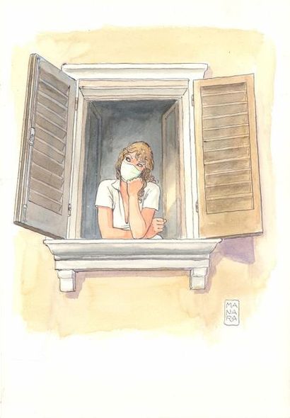 Milo Manara "I'm staying home" 

Watercolour on paper 

25 x 36 cm