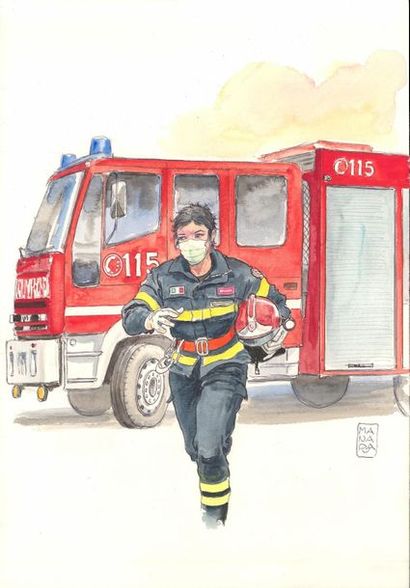 Milo Manara “Sapeuse-Pompière”?Aquarelle sur papier 

25 x 36 cm 