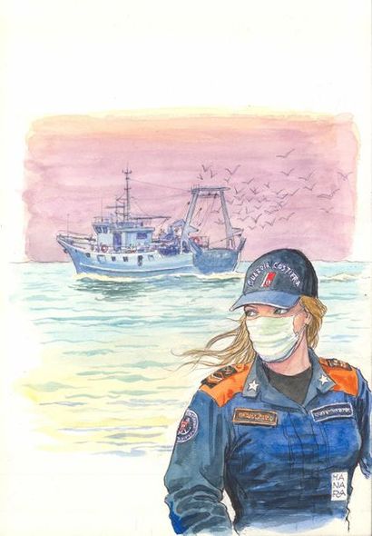 Milo Manara "Coast Guard"  Aquarelle on paper 

25 x 36 cm 
