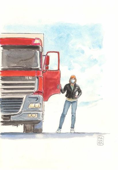 Milo Manara "Heavy-duty truck driver" 

Watercolour on paper 

25 x 36 cm 