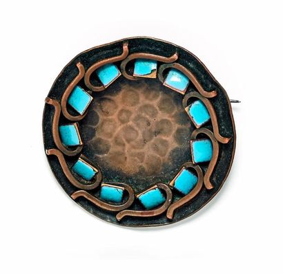 Jean AUGIS 
Round hammered metal brooch decorated with small enamelled tiles. Signed...