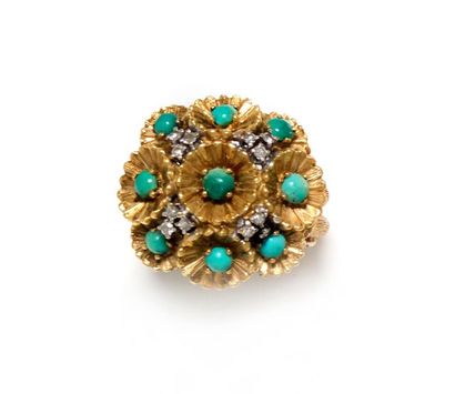null 18K yellow gold ring 750 thousandths in the shape of flowers set with 9 turquoise...
