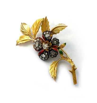 null Brooch in 18K yellow gold 750 thousandths decorated with an enamelled central...