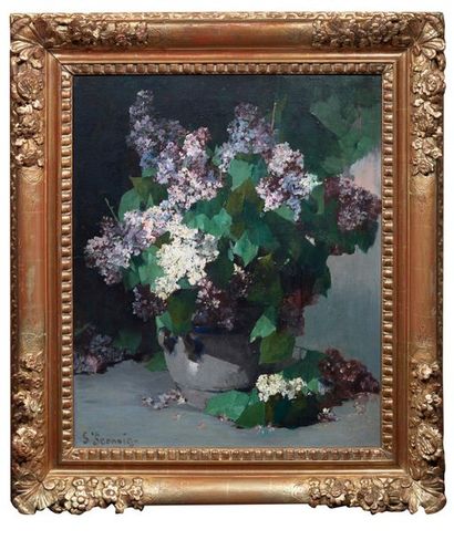 Georges JEANNIN (1841-1925) 
Bouquet de lilas
Huile sur toile signée en bas à gauche...