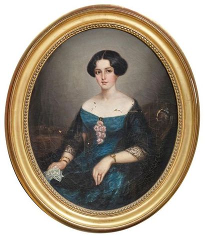 Ecole FRANCAISE, XIXème siècle 
Portrait de femme
Huile en ovale, encadrée (accidents...