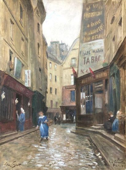 Victor Gabriel GILBERT (1847-1935) 
En allant au marché, rue Prouette Halles
Aquarelle...