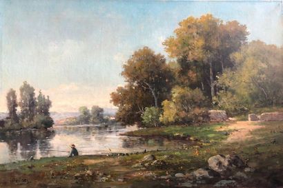 Gustave MASCART (1834-1914) 
Pêcheur en bord de lac
Huile sur toile signée en bas...