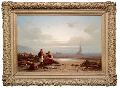 Henri PLACE (1812-1880) 
Famille en bord de mer, 1851
Huile sur toile signée en bas...