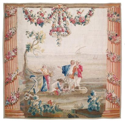 AUBUSSON Three polychrome woollen tapestries depicting scenes of fishermen on a marine...