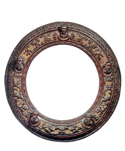 null Circular frame or tondo in carved, patinated and partially gilded wood with...