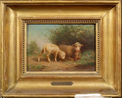 Gaston Ernest LAFENESTRE (1841-1877) 
Sheep and lambs
Two oils on panel signed lower...