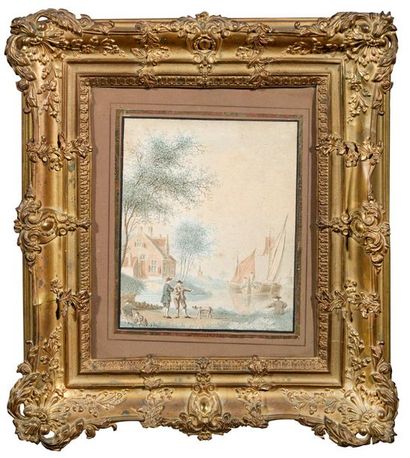 Jan WEISSENBRUCH (La Haye 1822 - 1880) 
Promeneurs en bord de rivière
Plume et aquarelle
Signé...
